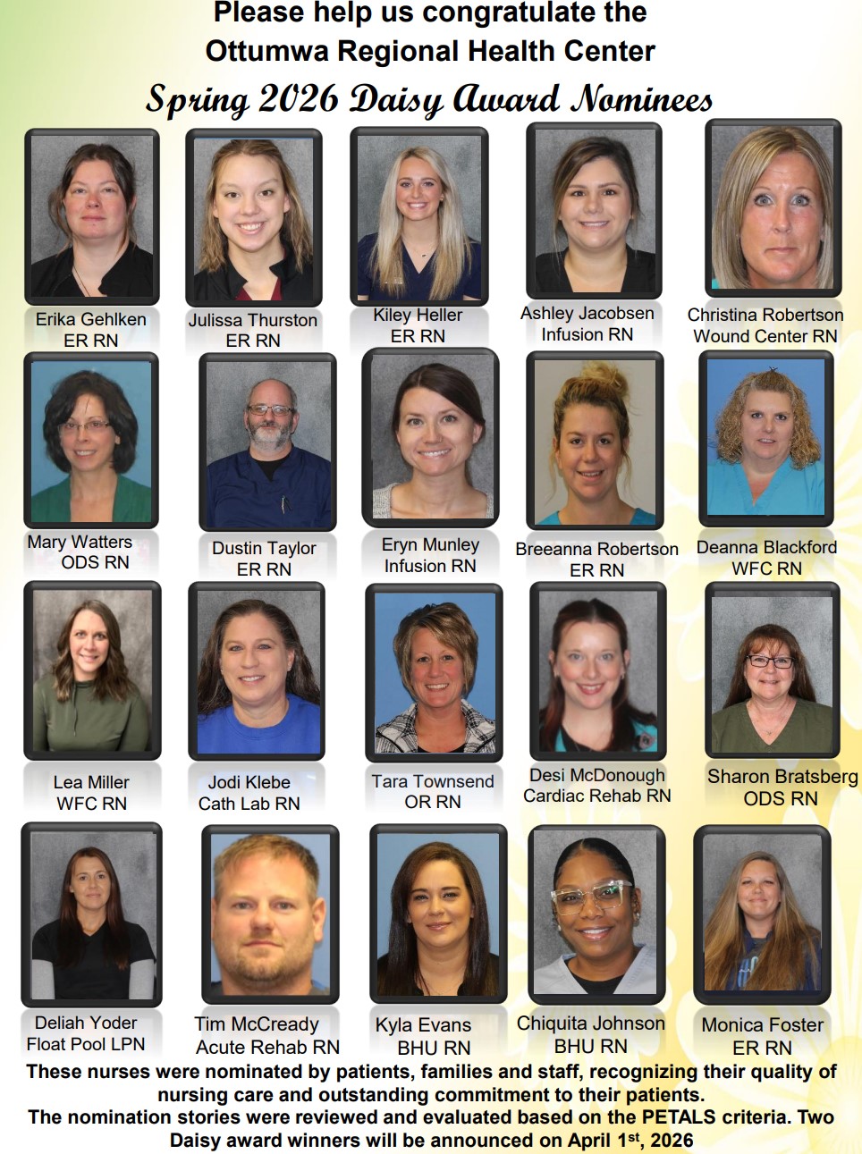 Ottumwa Regional Health Center 
Honors 20 Nurses as Spring 2026 DAISY Award Nominees